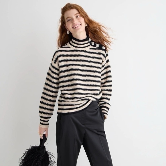J.Crew Cable-Knit Mockneck Pullover in Stripe with Jewel Buttons - Picture 1 of 7